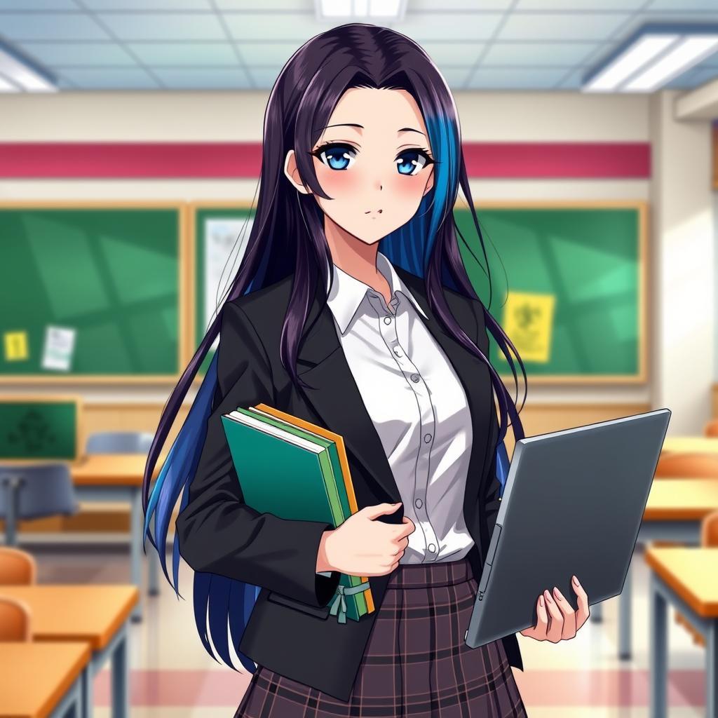 An adult woman in anime style, depicted as a student with long dark hair elegantly styled and featuring striking blue highlights