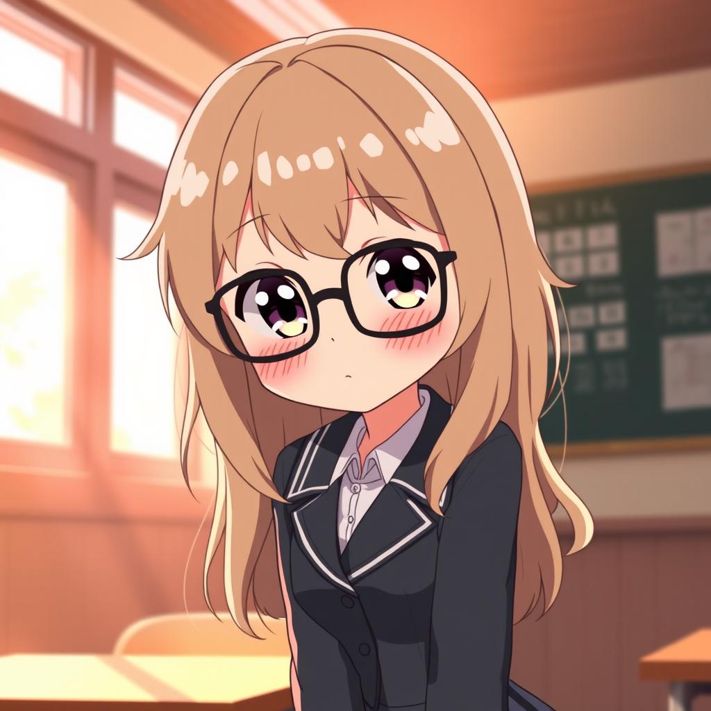 A shy anime girl wearing glasses, with large expressive eyes and a subtle blush on her cheeks