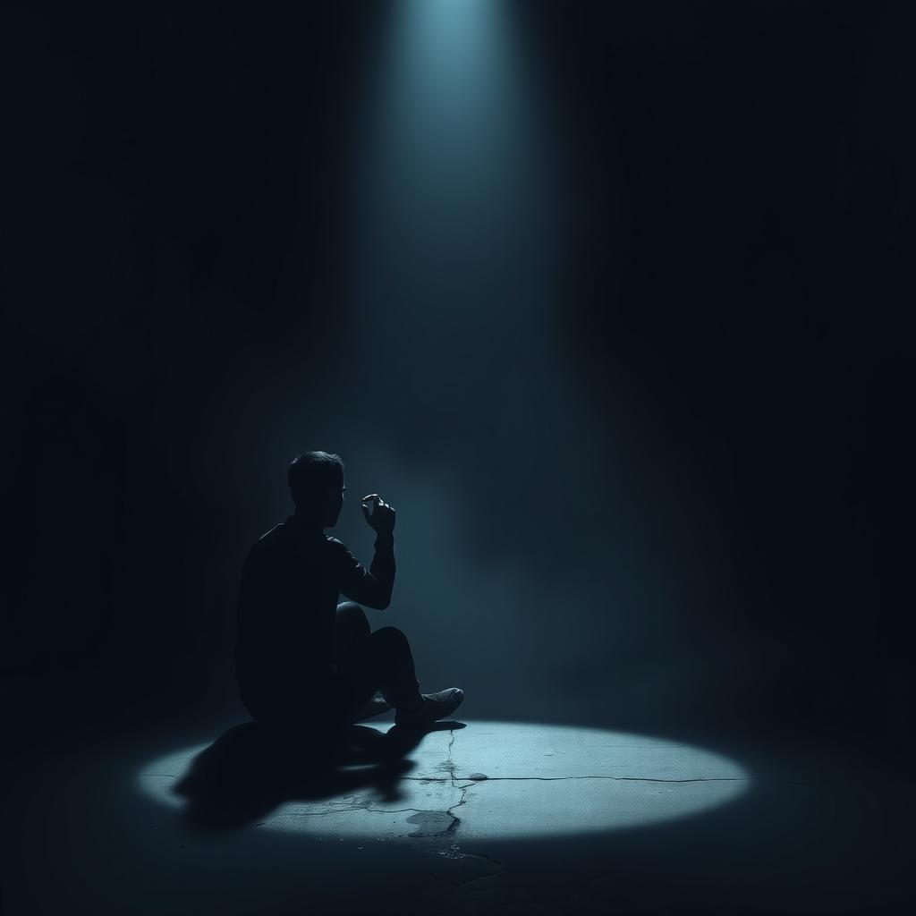 A mesmerizing book cover featuring an animated yet realistic depiction of a dark, shadowy figure of a man sitting in a deep, desolate prison cell