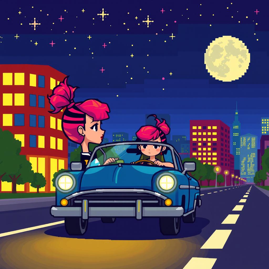 A pixel art scene depicting a girl driving a car at night