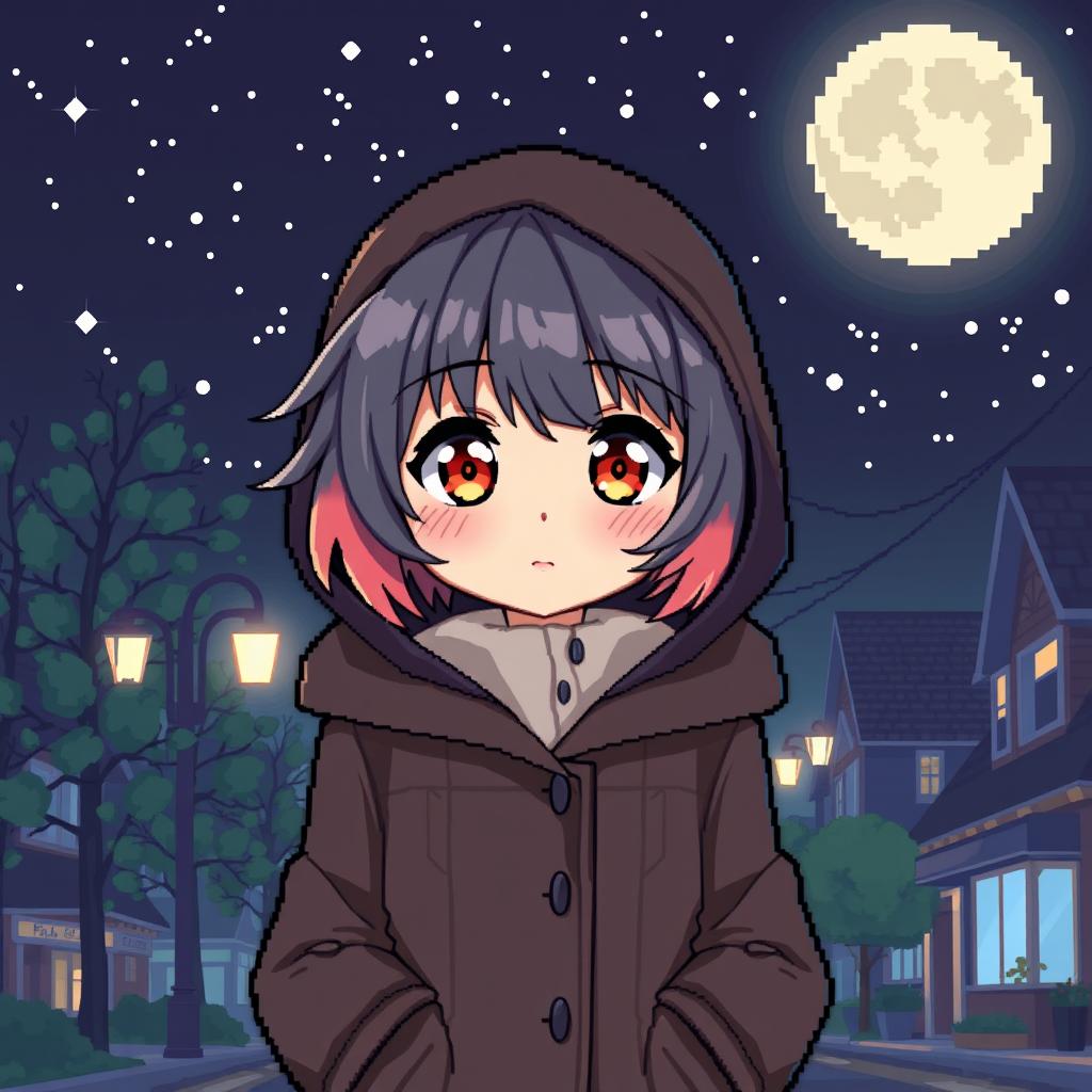 A pixel art scene featuring an anime girl wearing a stylish coat at night