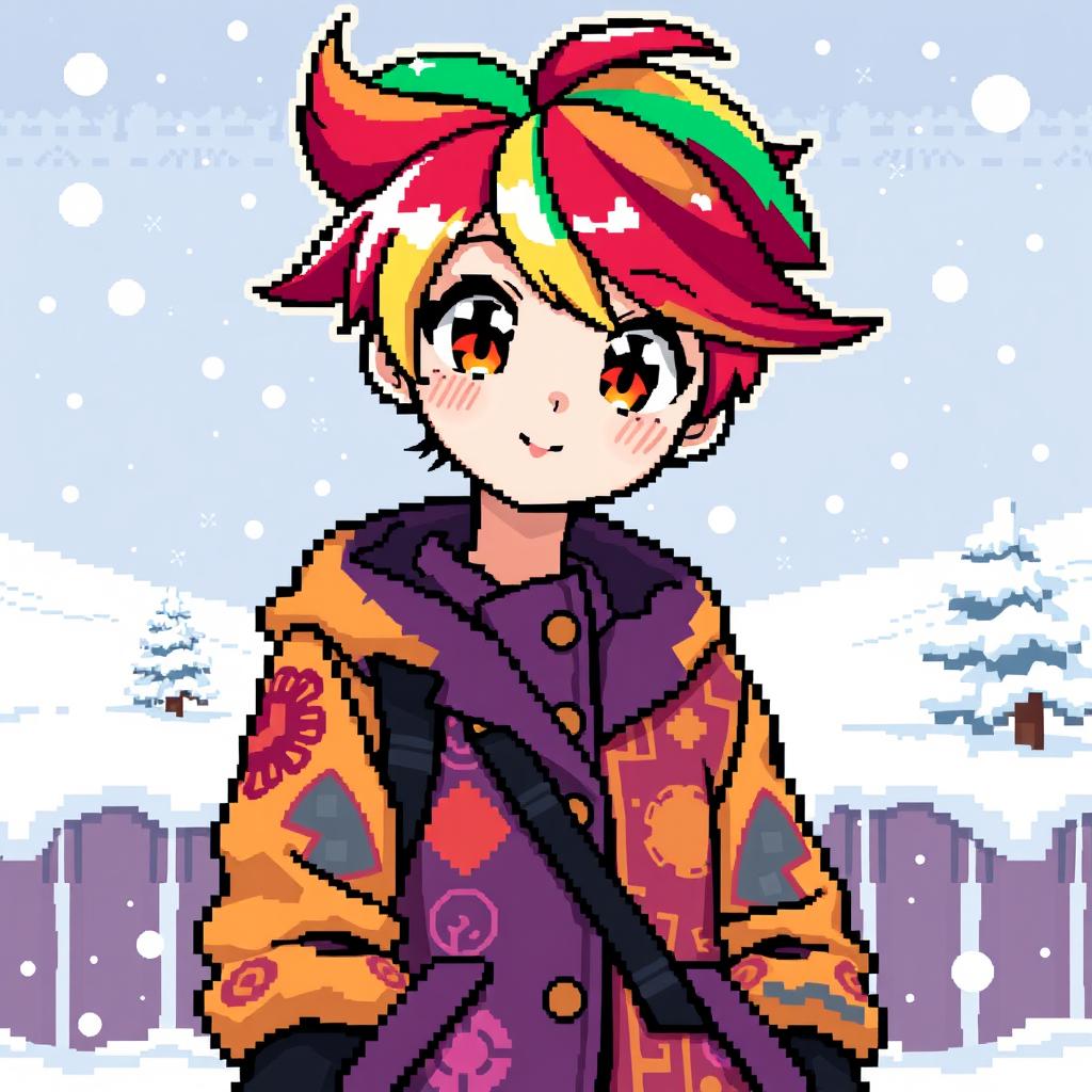 A pixel art scene featuring an anime girl wearing a stylish coat
