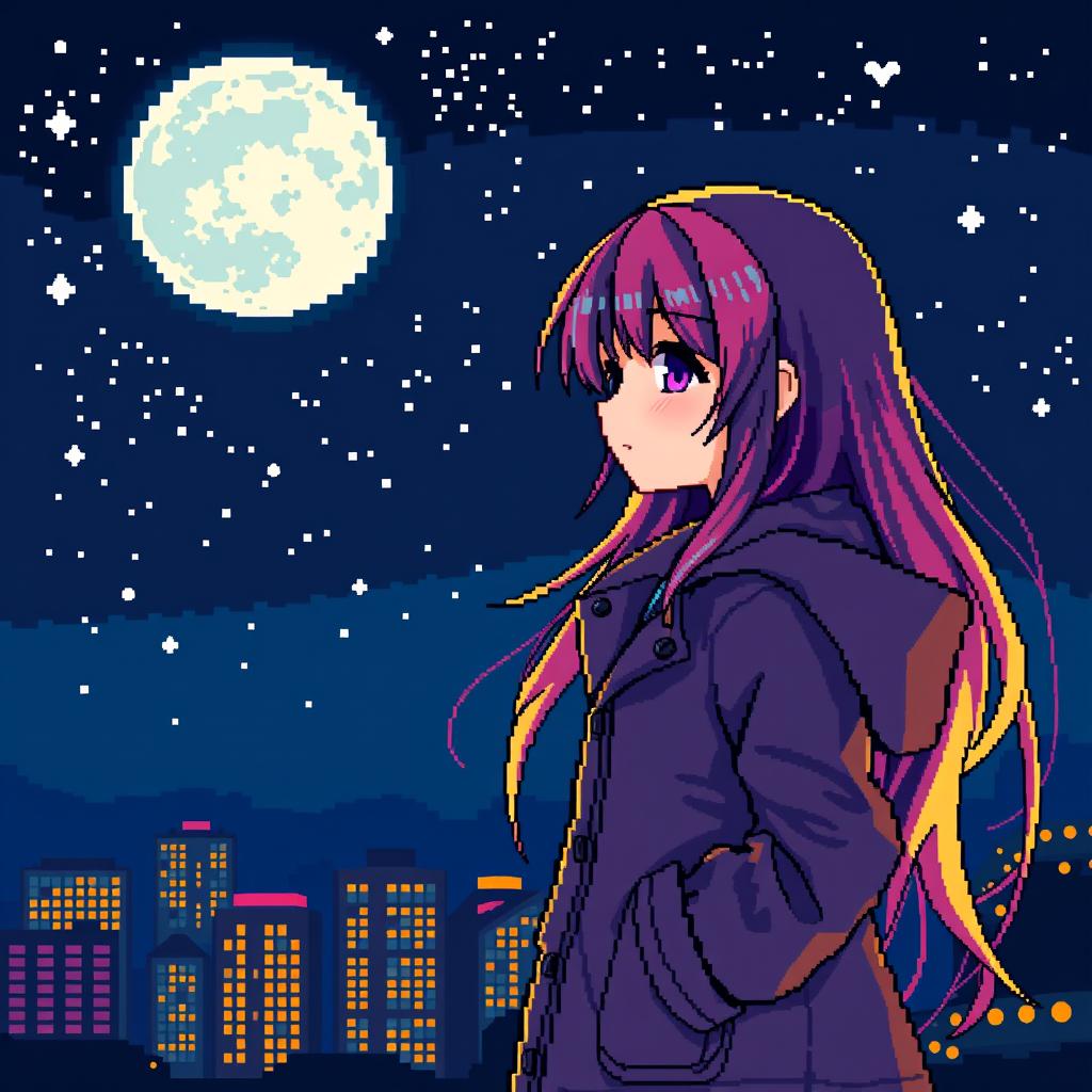 A pixel art scene featuring an anime girl with long flowing hair, wearing a stylish coat at night
