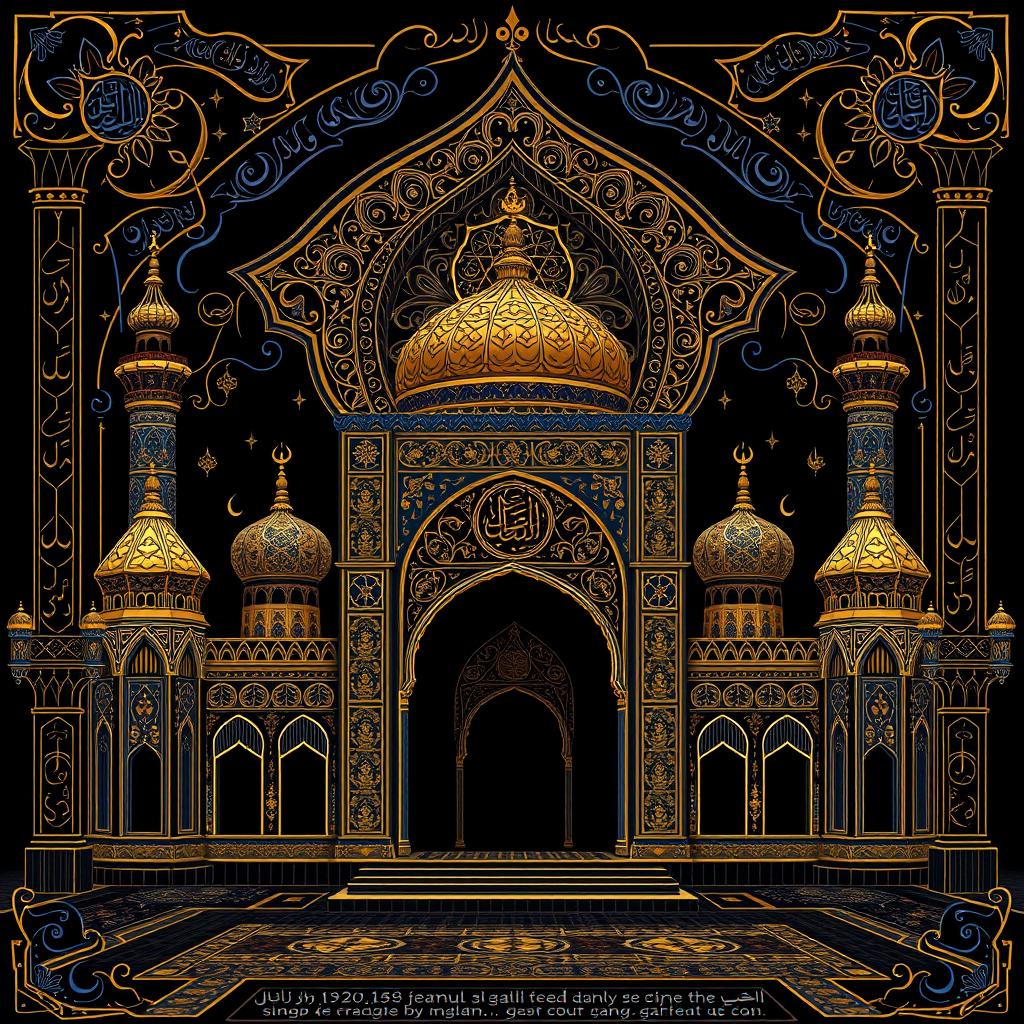 An intricate Islamic art background design featuring the shrines of the Imams, showcasing detailed geometric patterns, calligraphy, and traditional motifs