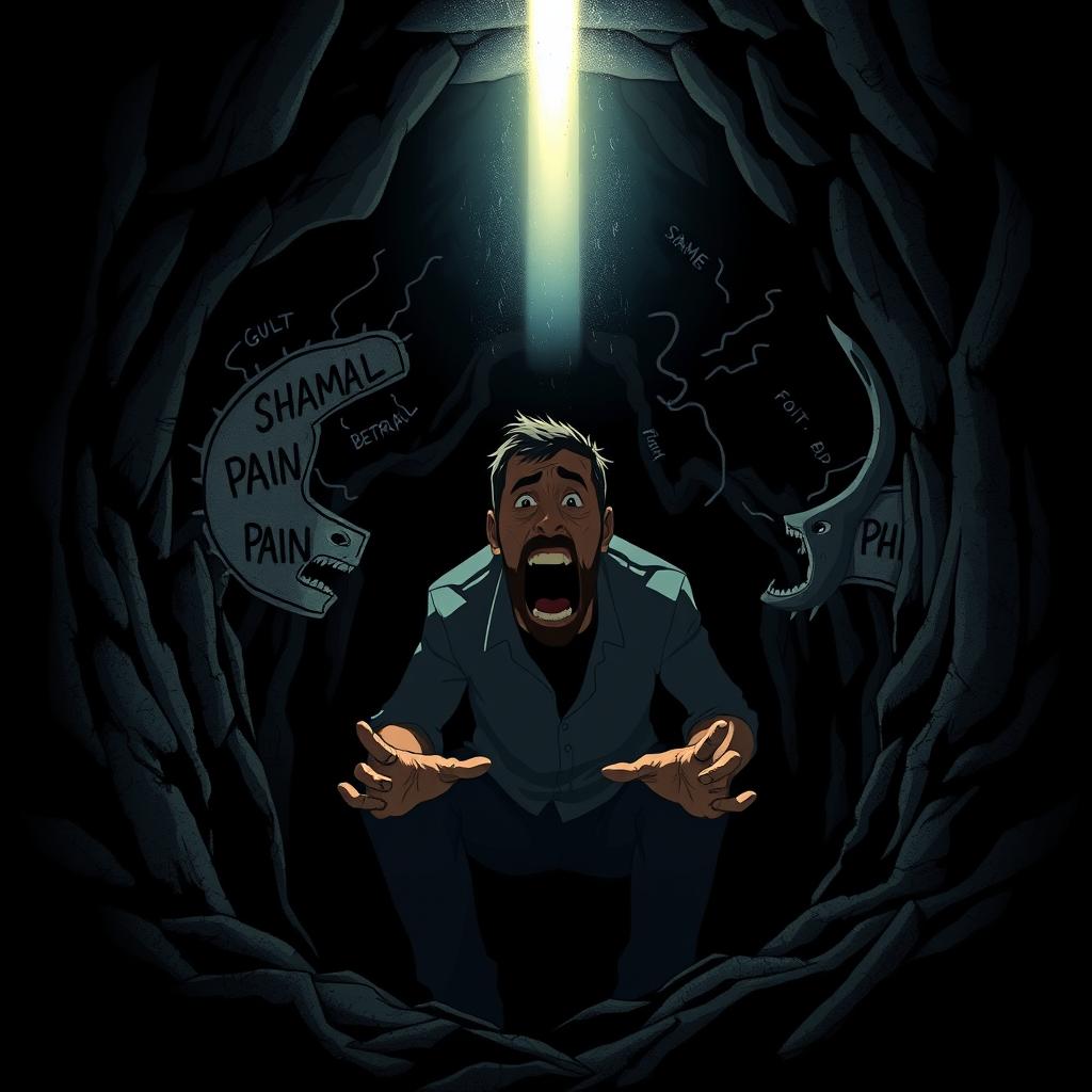 A book cover depicting the shadow of a man in a deep, dark hole, symbolizing his internal struggle