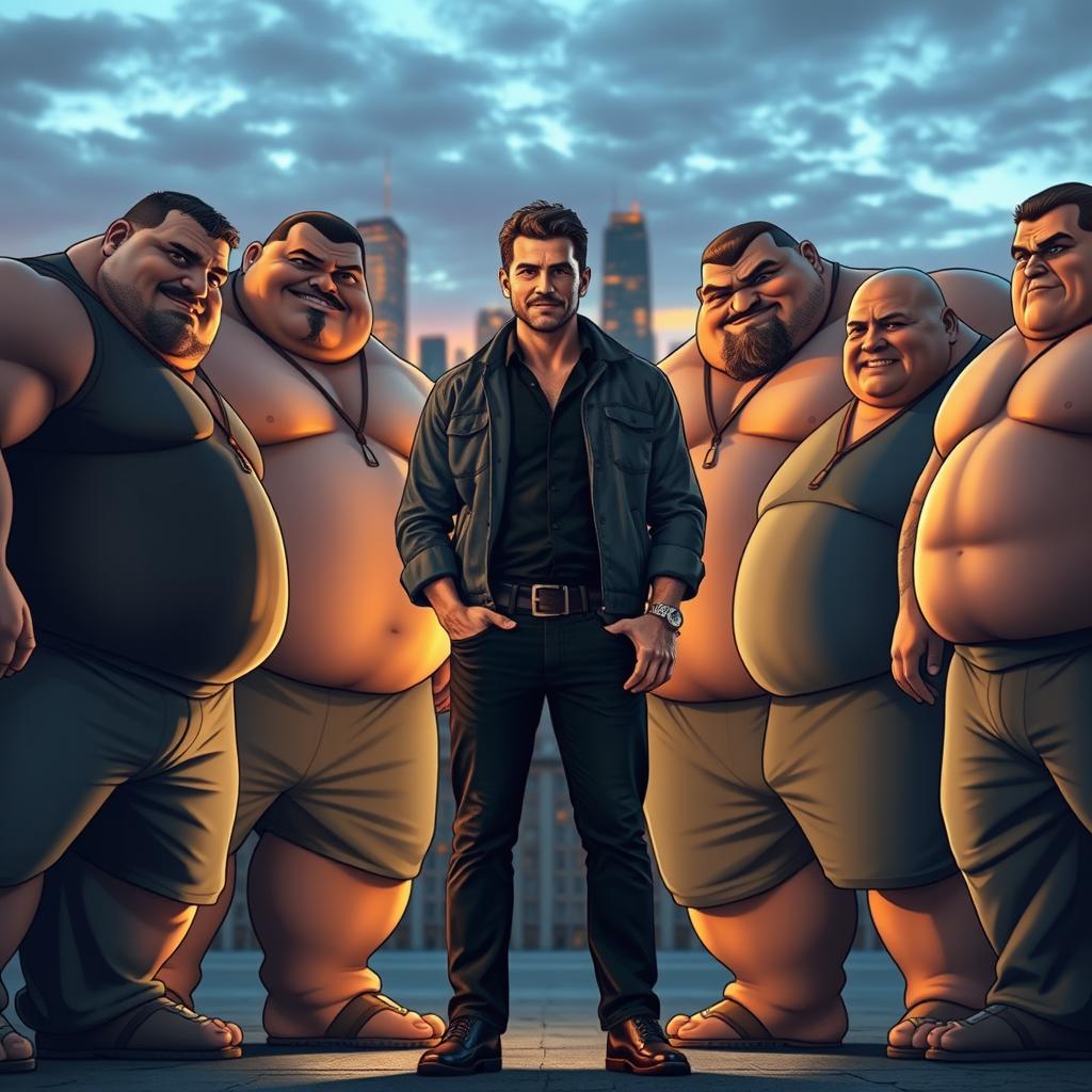 A confident man stands in the center surrounded by a group of large, imposing men