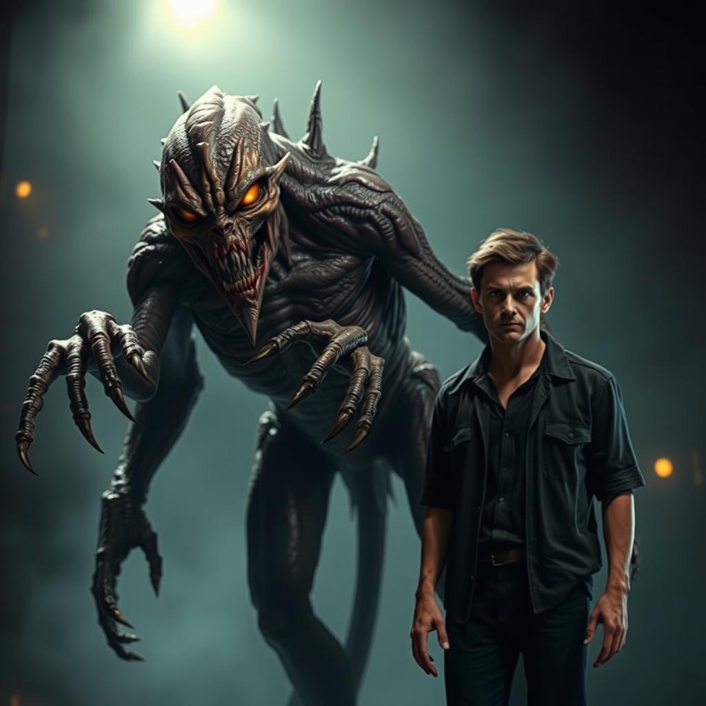 A realistic horror monster standing next to a person in a dimly lit setting, creating a suspenseful and eerie atmosphere