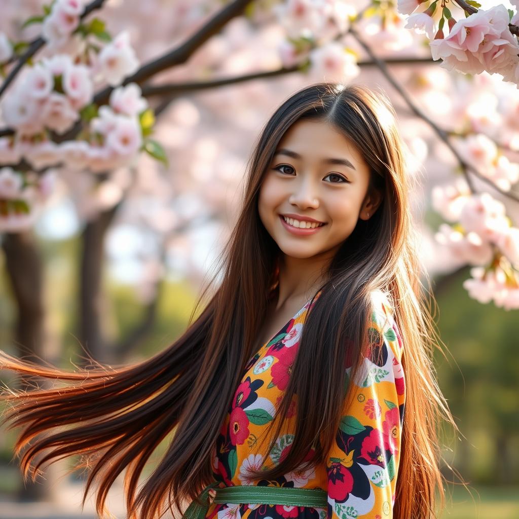 A beautiful Asian girl with long flowing hair, rich chestnut brown eyes that sparkle with life, dressed in a stylish and vibrant outfit