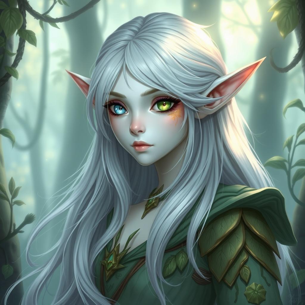 A feminine lunar elf druid character with white skin, featuring one blue eye and the other green with golden flecks