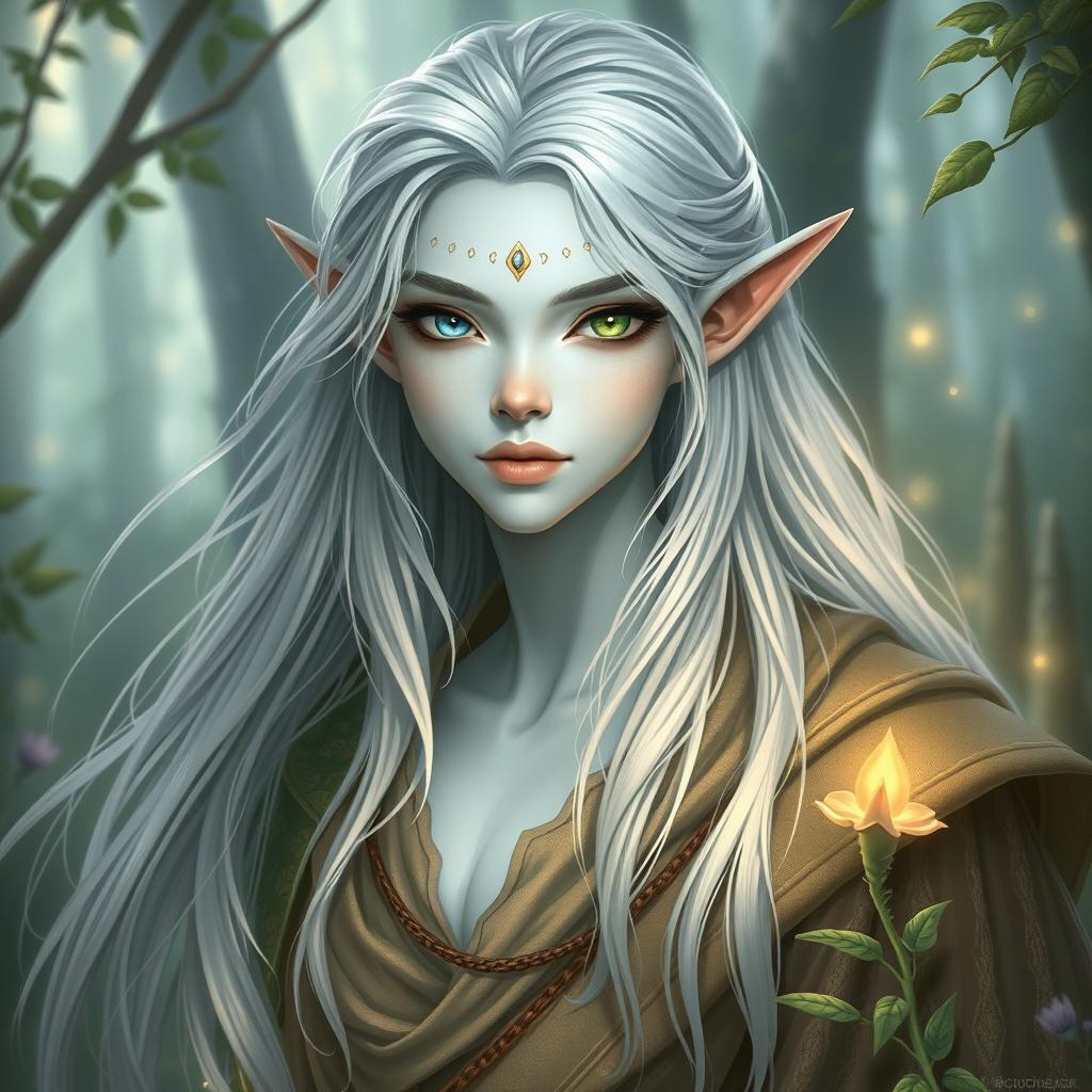 A feminine male lunar elf druid character with white skin, featuring one blue eye and the other green with golden flecks