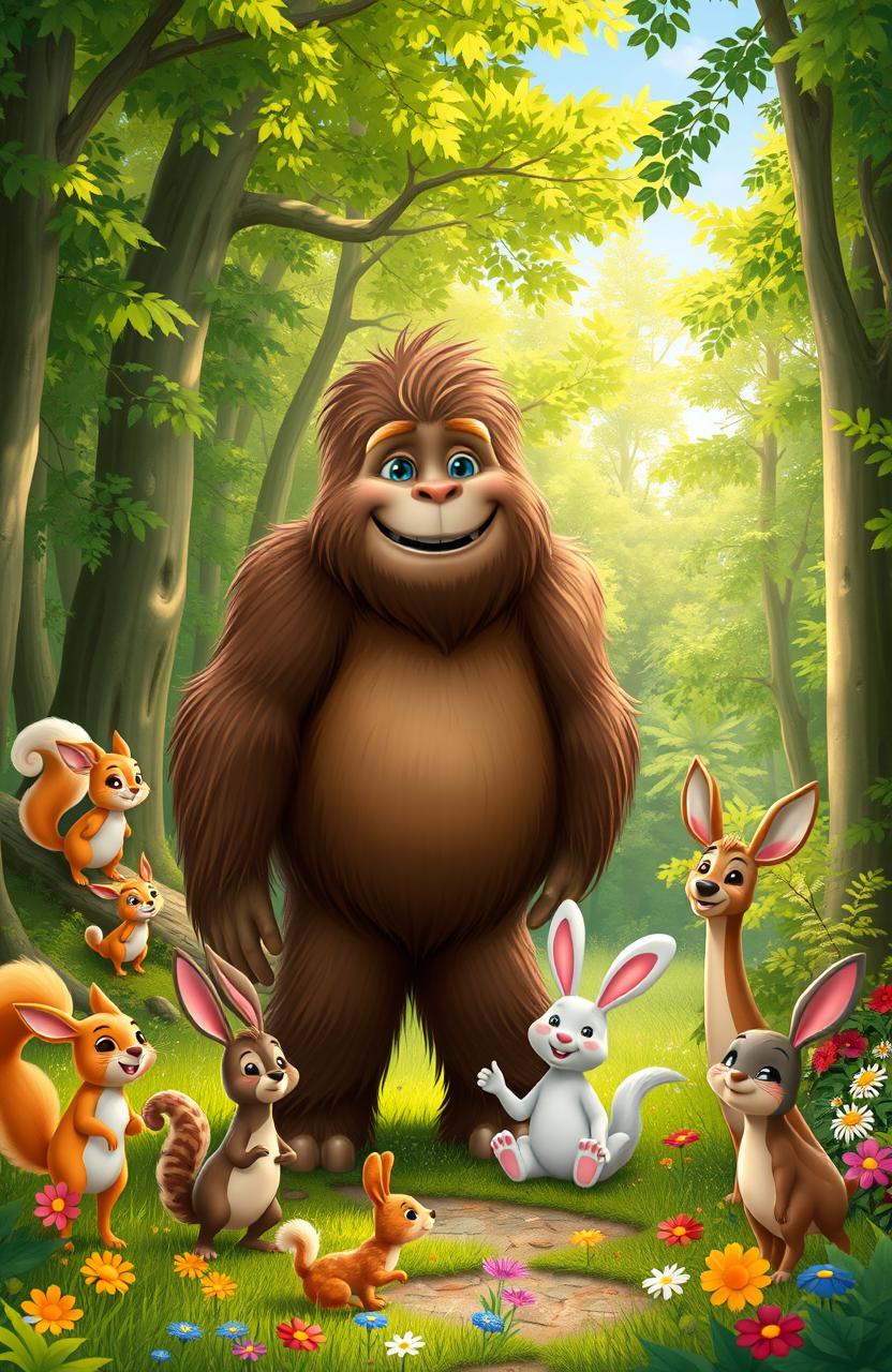 A friendly and happy Bigfoot character standing in a lush green forest, surrounded by a variety of happy animals like squirrels, rabbits, and deer
