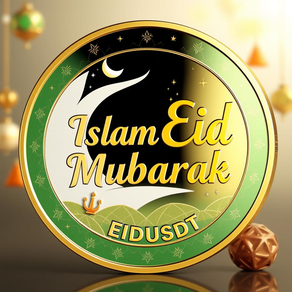 A digital coin token design featuring the name 'Islam Eid Mubarak' prominently displayed on one side, with the symbol 'EIDUSDT' artistically integrated into the design