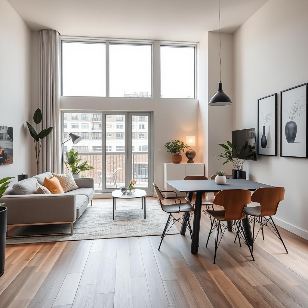 A modern and stylish small living room and dining area renovation featuring new furniture, designed to optimize space