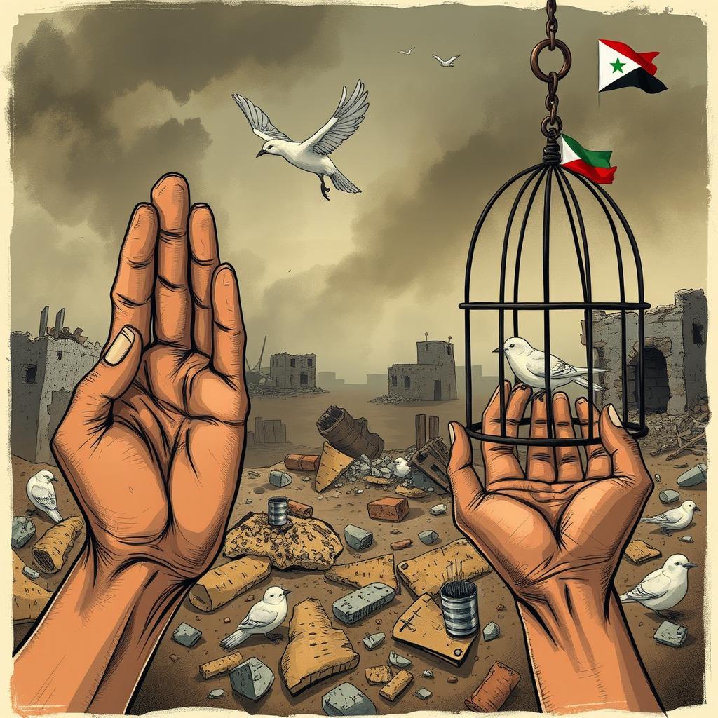 A powerful and emotional illustration depicting symbols of suffering and resilience of the people of Gaza