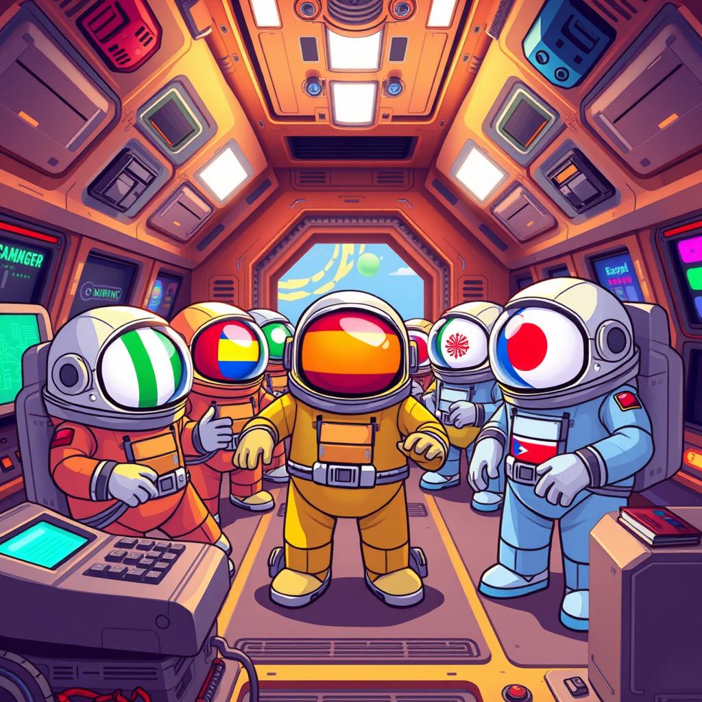 A vibrant and humorous scene depicting a gameplay collaboration of the popular game 'Among Us' featuring countryball characters