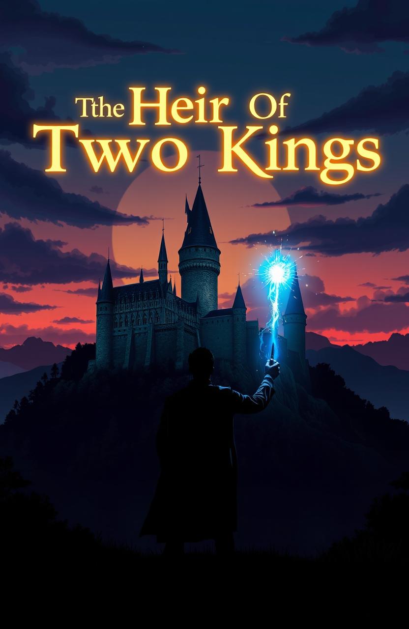 A majestic castle perched atop a hill, under a dramatic twilight sky