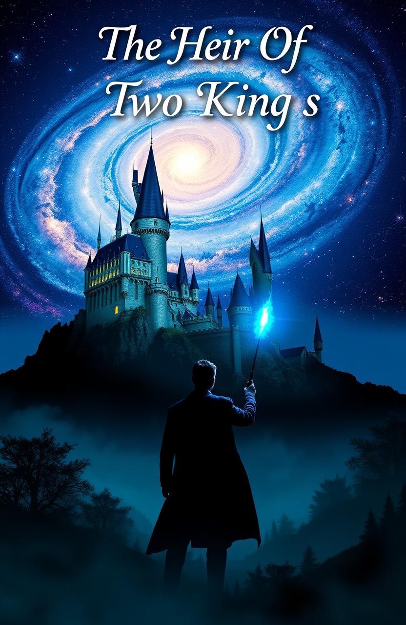 A majestic castle upon a hill, illuminated by the cosmic wonders of a galaxy swirling above it, casting a magical glow