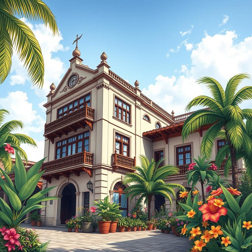 A detailed and intricate illustration inspired by the historic Sobradão do Porto in Ubatuba, Brazil
