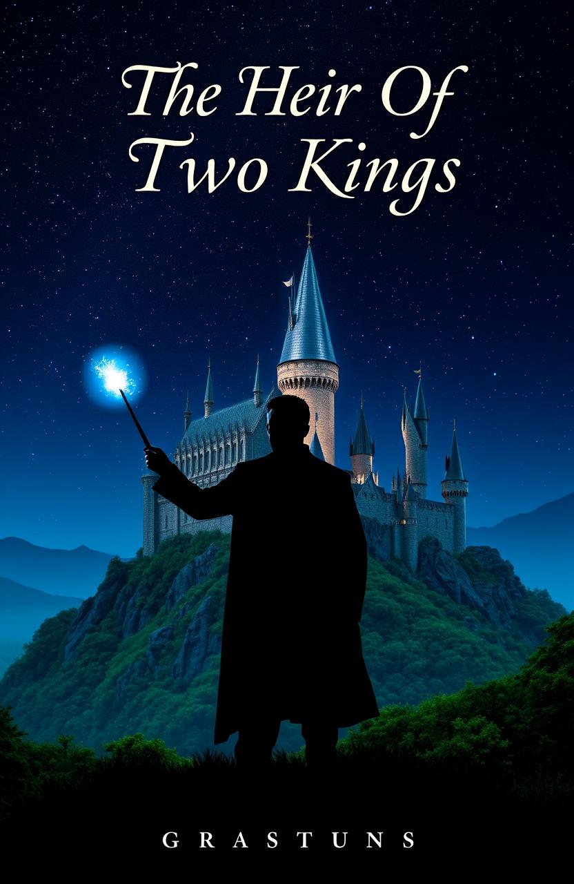 A majestic castle perched atop a hill, illuminated by a starry night sky