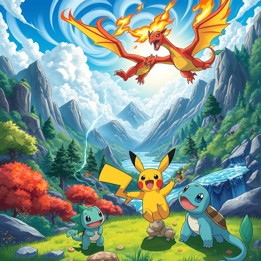 A vibrant and colorful illustration showcasing iconic Pokémon in action, set in an epic landscape filled with various terrains such as lush forests, rocky mountains, and sparkling rivers