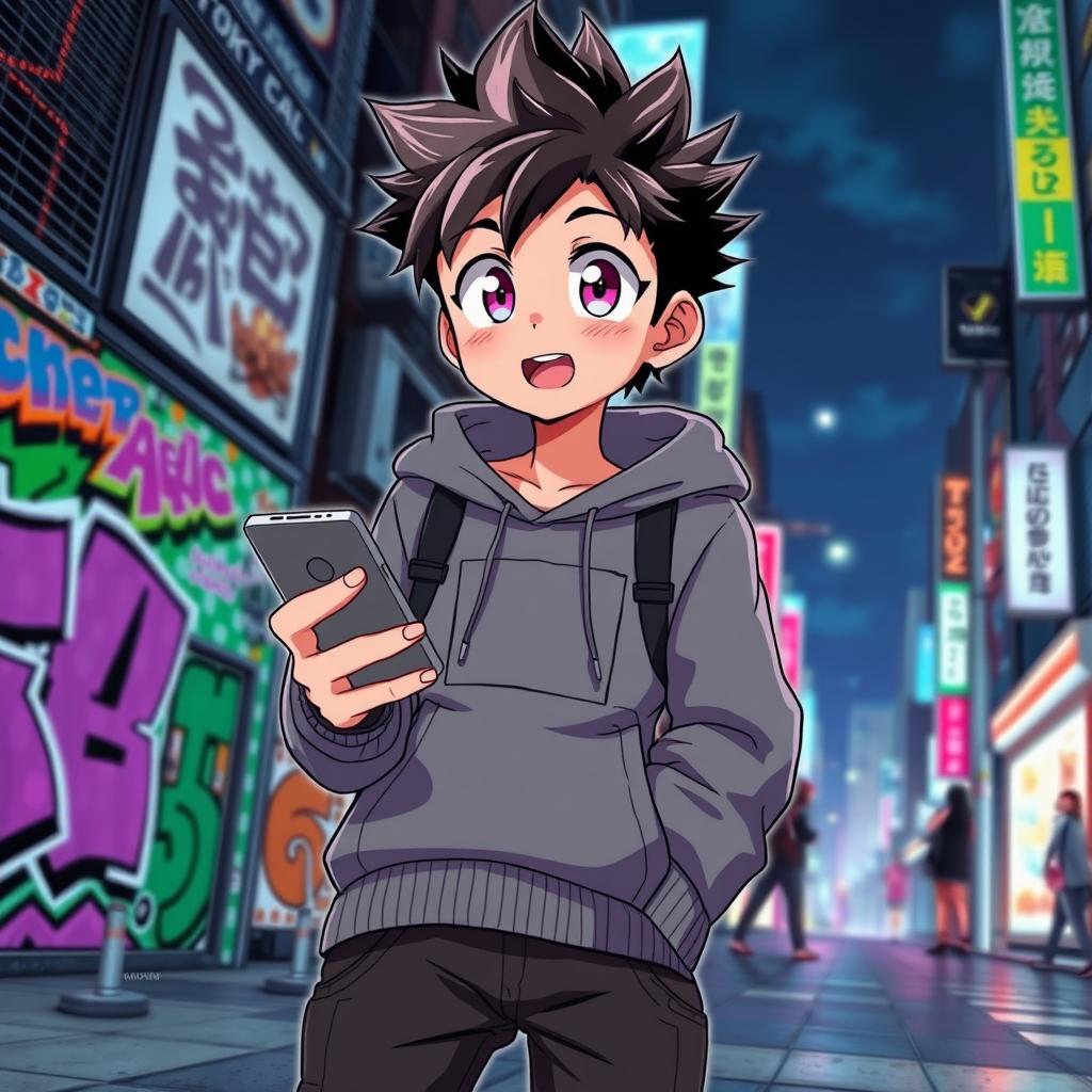 A stylish anime boy character, featuring large expressive eyes and spiky hair, wearing trendy streetwear like a hoodie and sneakers