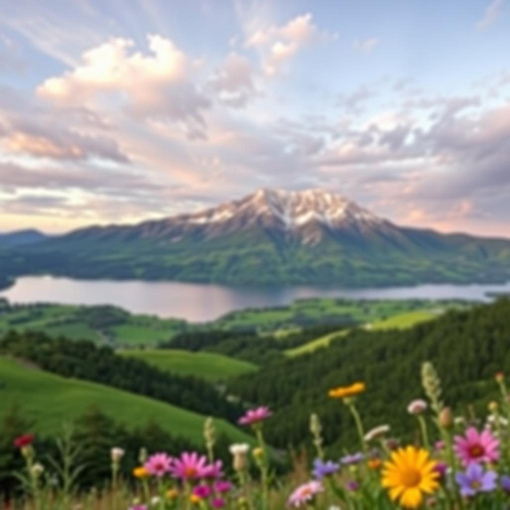 A beautiful landscape scene featuring a majestic mountain range in the background, lush green valleys, and a serene lake reflecting the sky