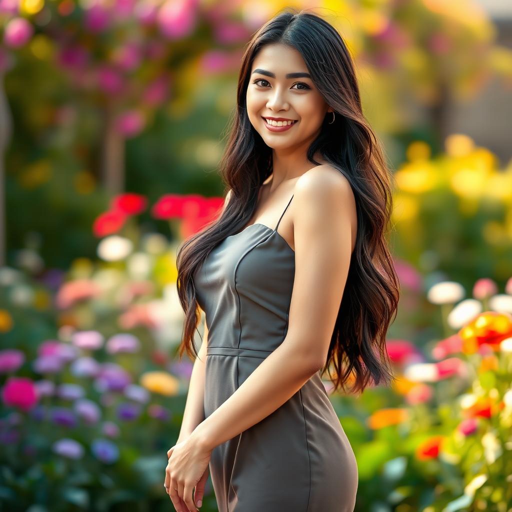 A beautiful young woman standing confidently, her height 160 cm, with long flowing dark hair cascading down her shoulders