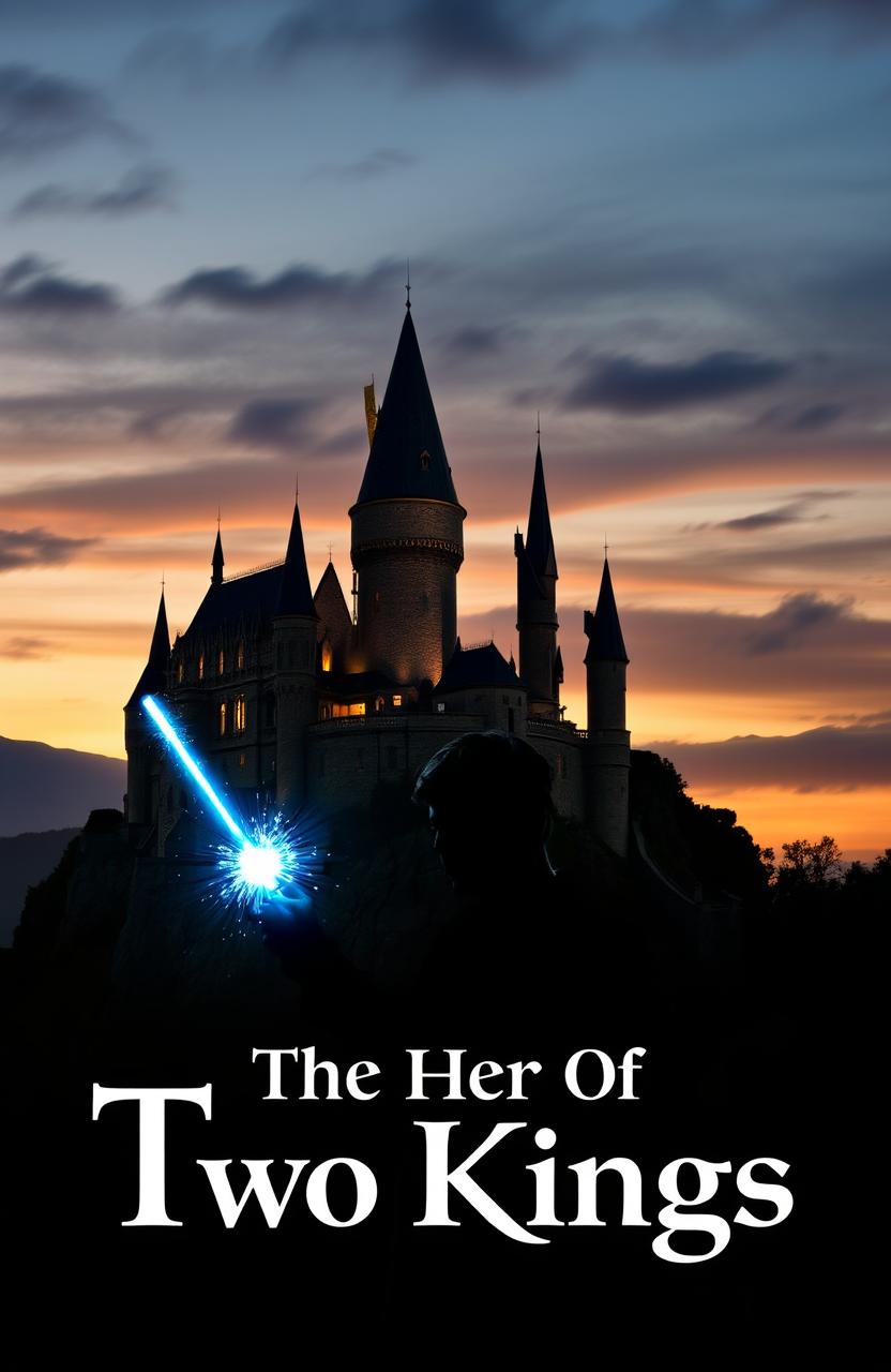 A majestic castle perched upon a hill, set against a dramatic twilight sky