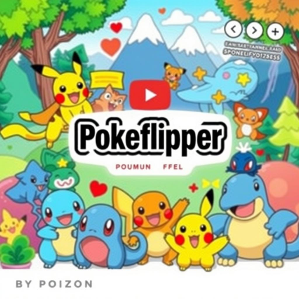 A vibrant illustration representing the Pokeflipper Pokémon YouTube channel, featuring various cute and playful Pokémon like Pikachu, Charmander, and Snorlax, arranged in a dynamic and engaging layout