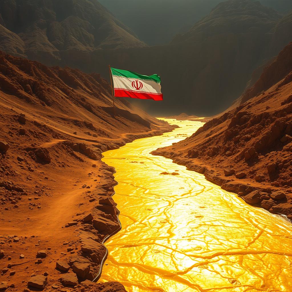 A stunning photograph capturing a golden mine with a flowing river of gold glistening under the sunlight