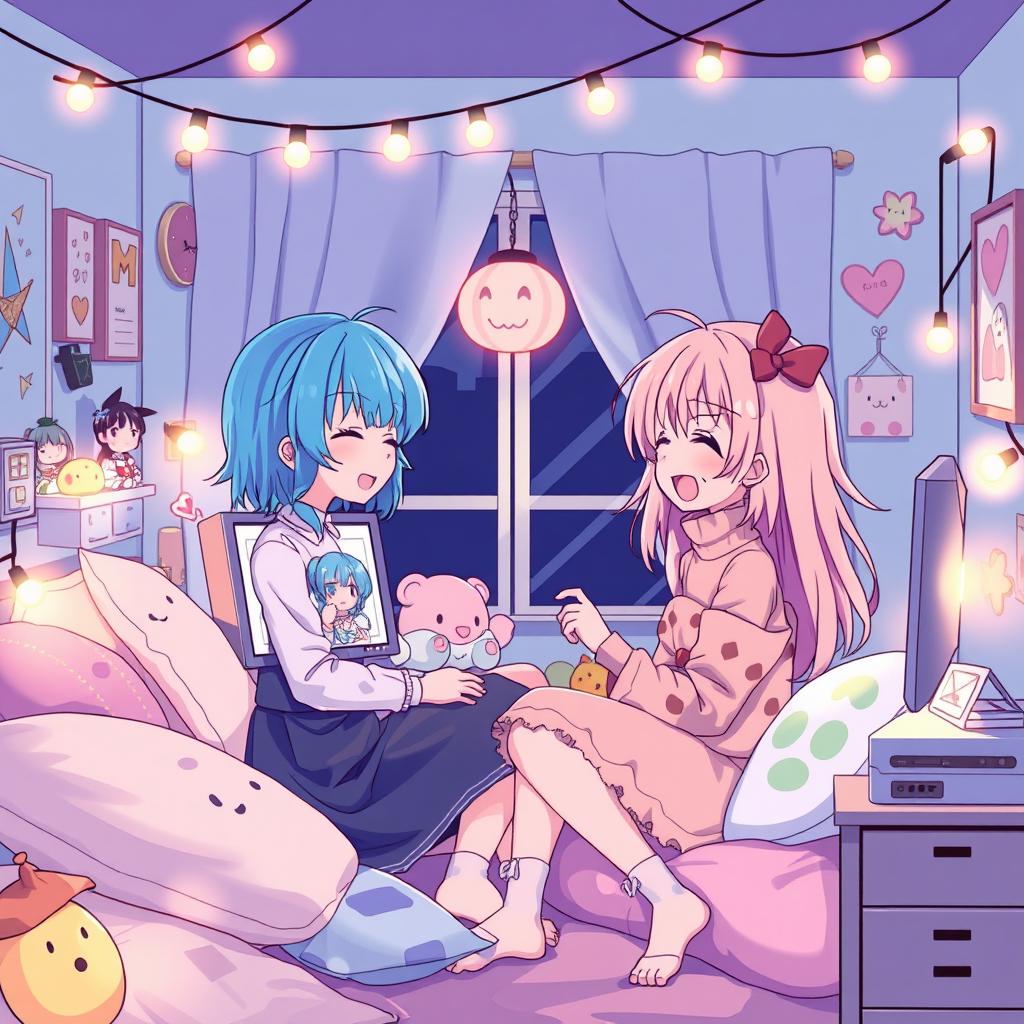 A cozy anime-style bedroom at night featuring two girls, one with vibrant blue hair and the other with pastel pink hair