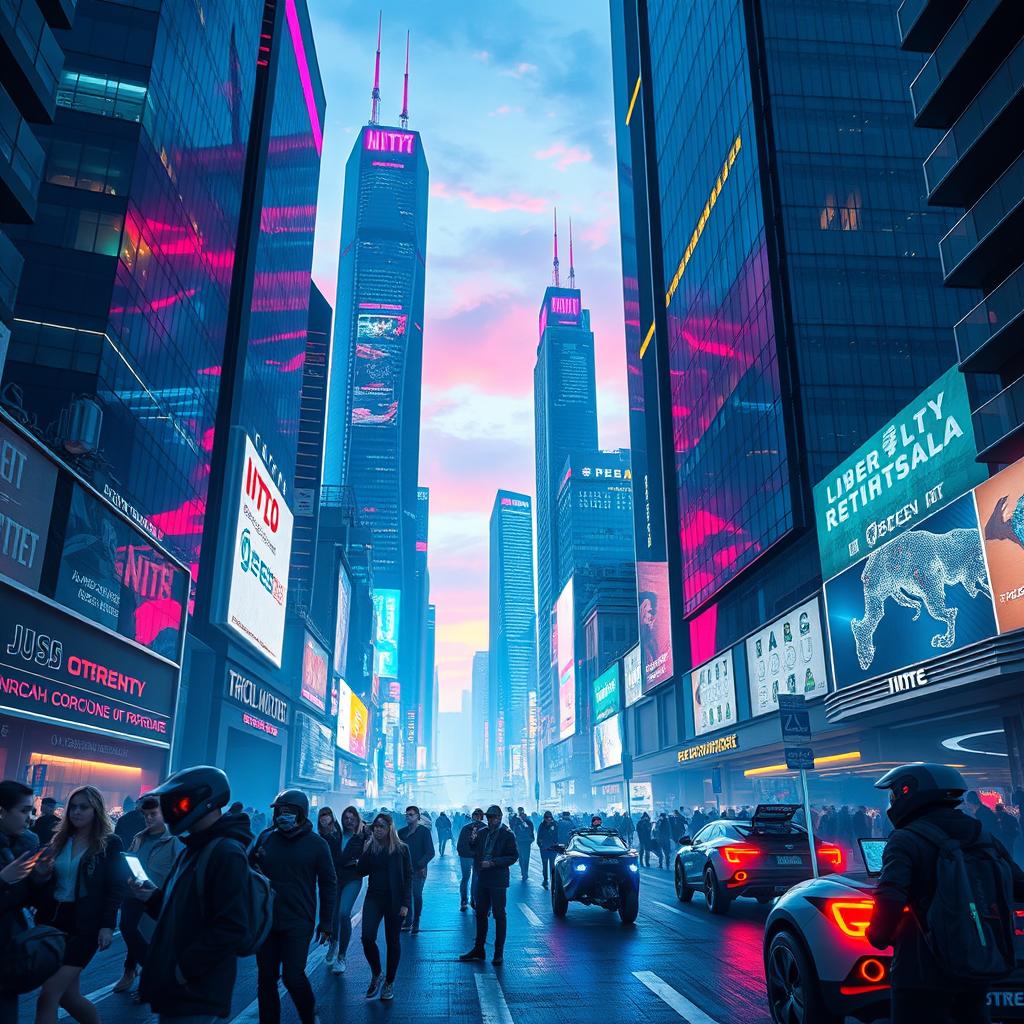 A highly detailed, futuristic cityscape featuring advanced technology and towering skyscrapers under a twilight sky