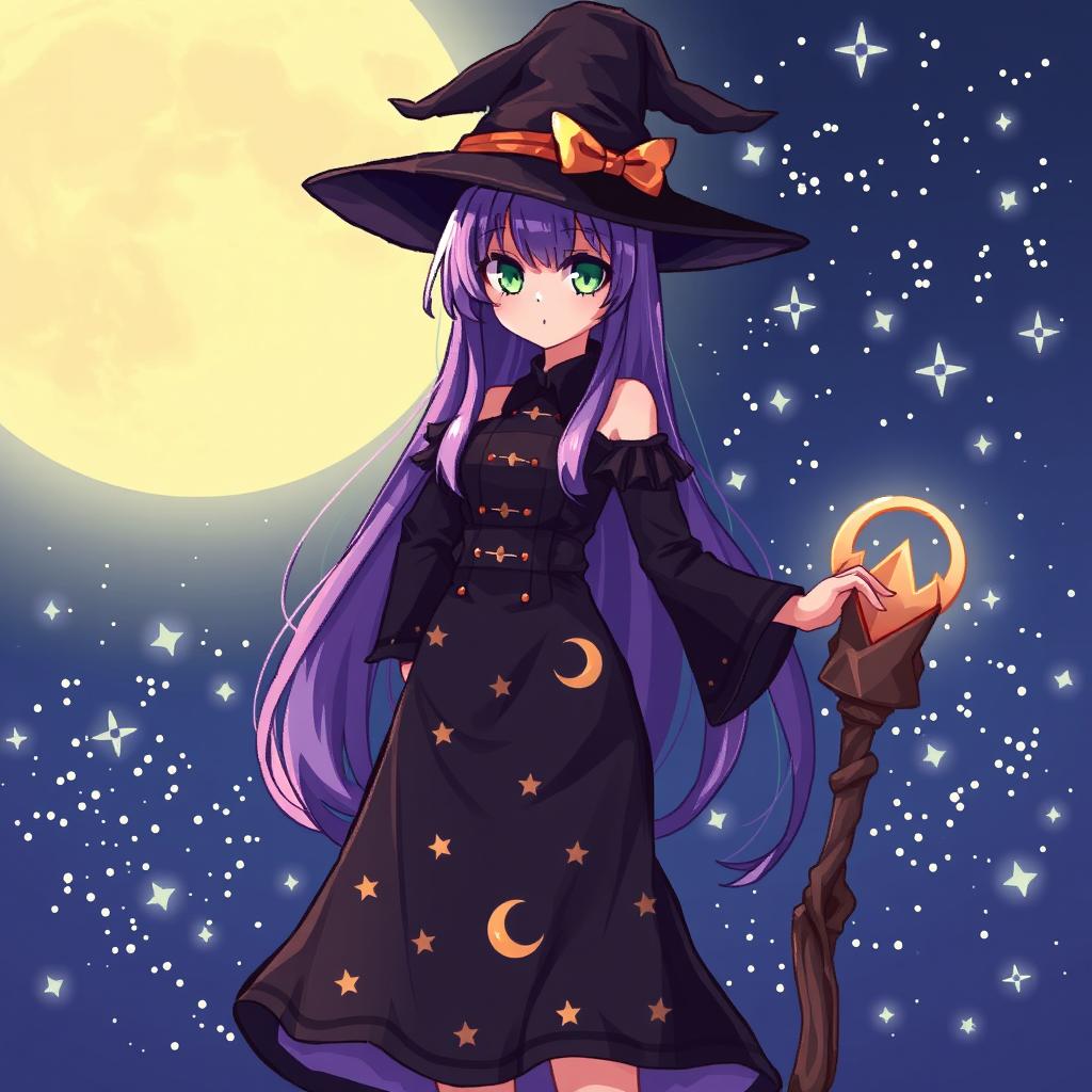 A mystical anime-style girl dressed as a witch, standing confidently with a magical staff in her hand