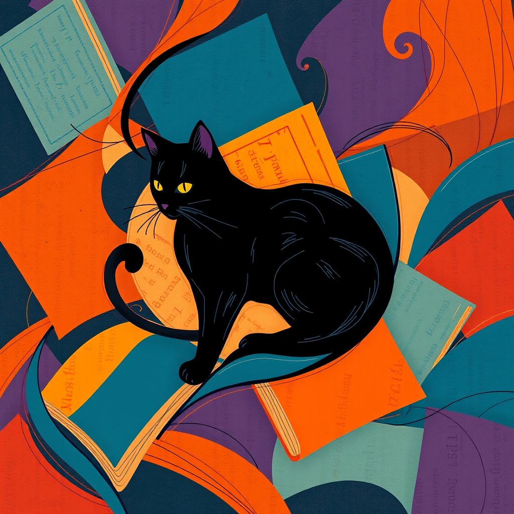 An abstract representation of a black cat and vintage books intermingling in a swirl of vibrant colors and shapes