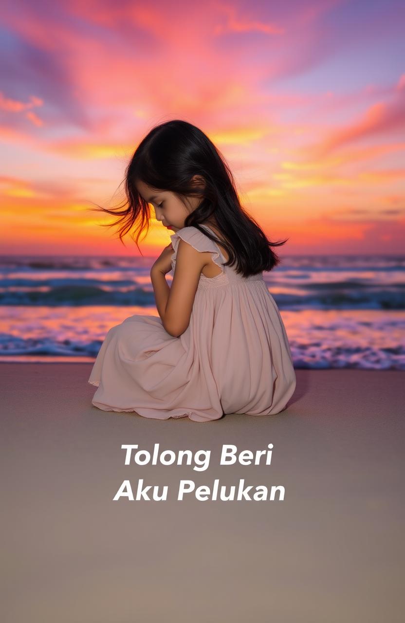 A young girl sitting on the beach at sunset, hugging her knees closely