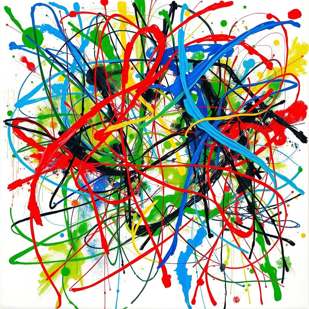 An abstract composition inspired by the theme of 'coretan' (scribbles), featuring vibrant, chaotic lines and shapes that intertwine and overlap
