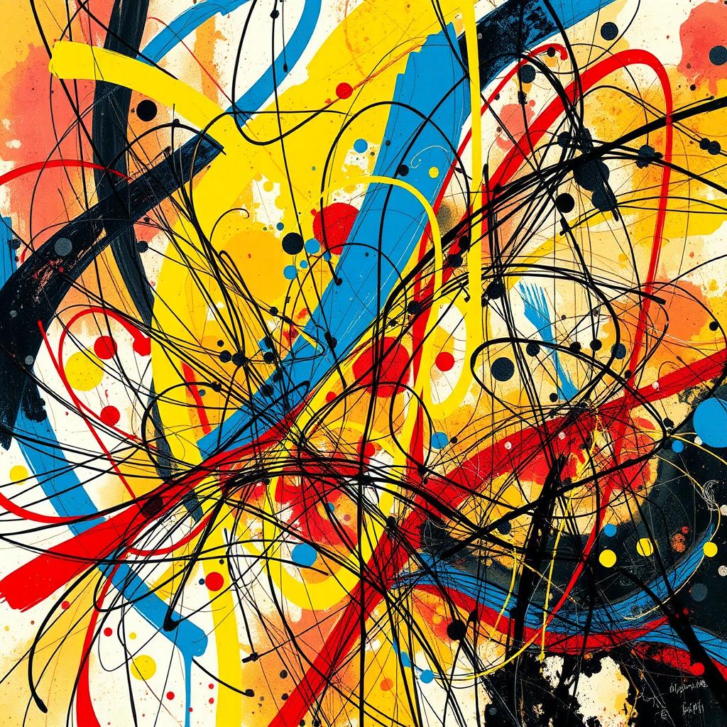 An impressive abstract composition inspired by 'coretan' (scribbles), showcasing a stunning interplay of chaotic lines and dynamic shapes