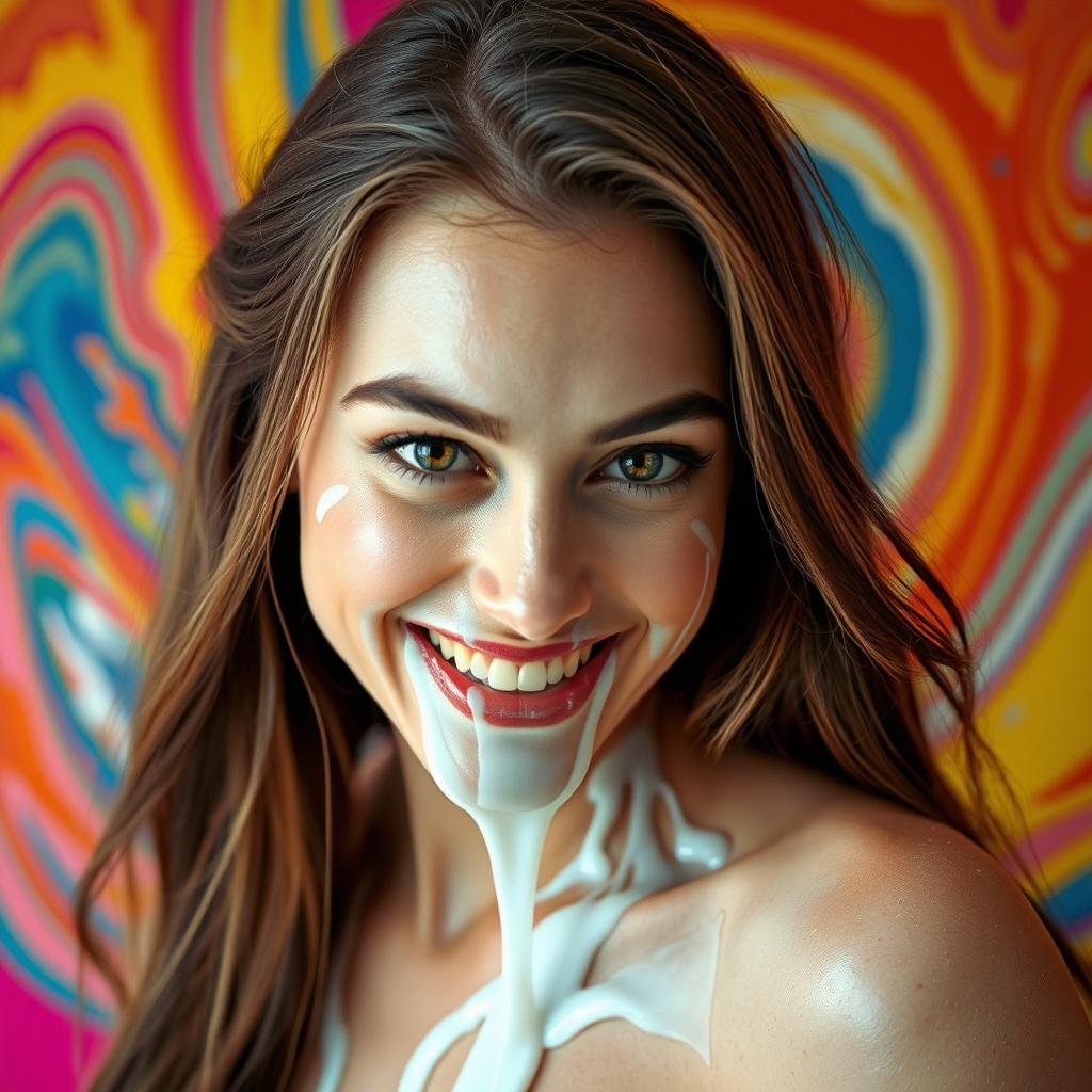 A stunning woman with long flowing hair, looking playfully into the camera, her face adorned with glistening white slime that drips slightly, creating an artistic and whimsical effect