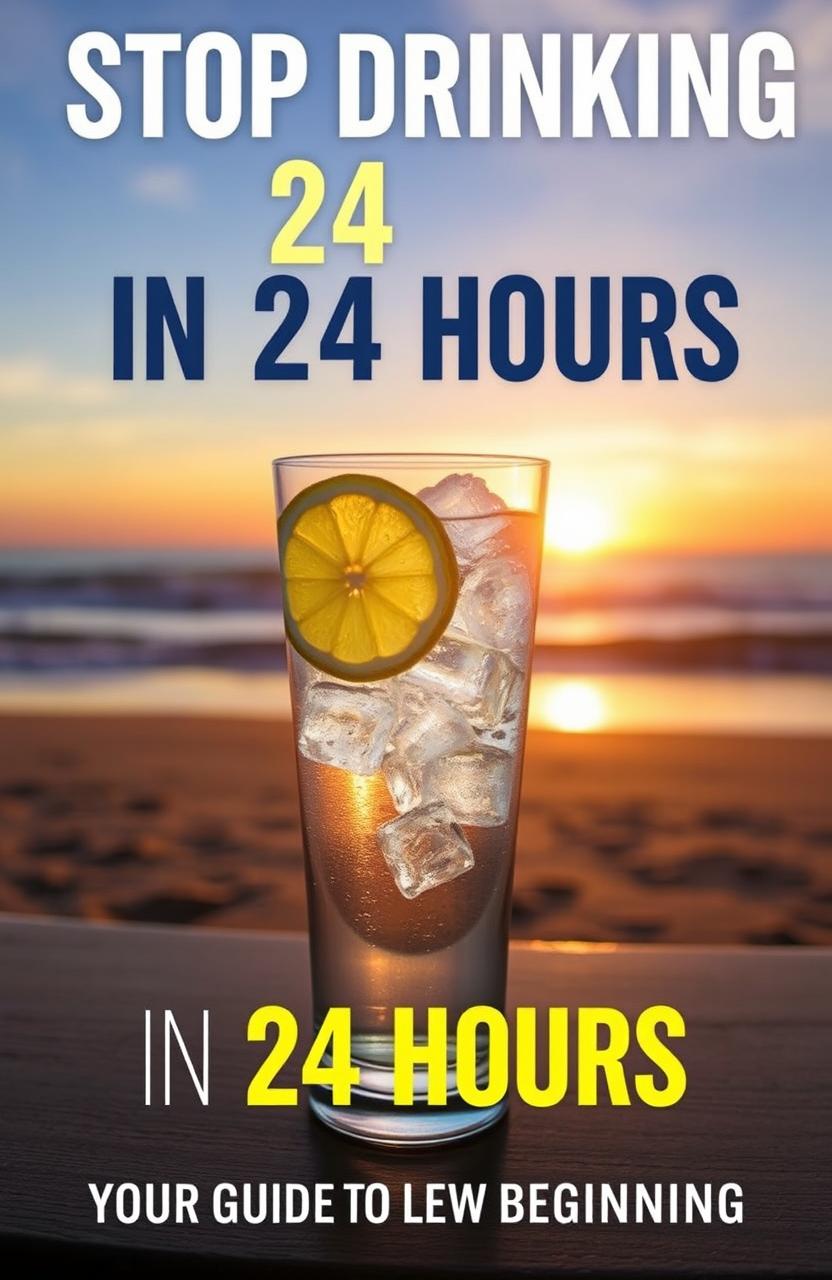 A visually captivating book cover design featuring a glass of water with ice cubes and a bright lemon slice, symbolizing a fresh start and sobriety