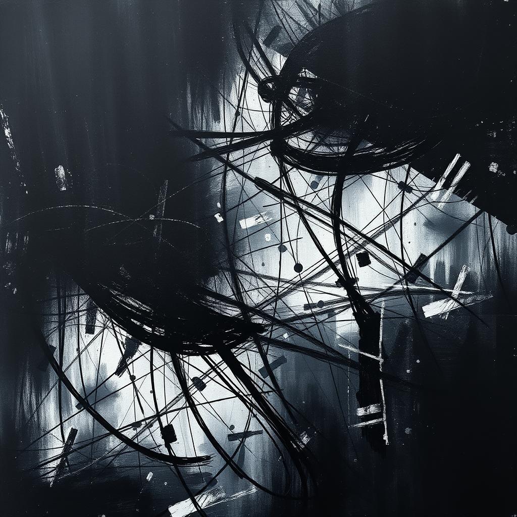 A striking abstract artwork featuring dark scribbles that create an intriguing and mysterious atmosphere