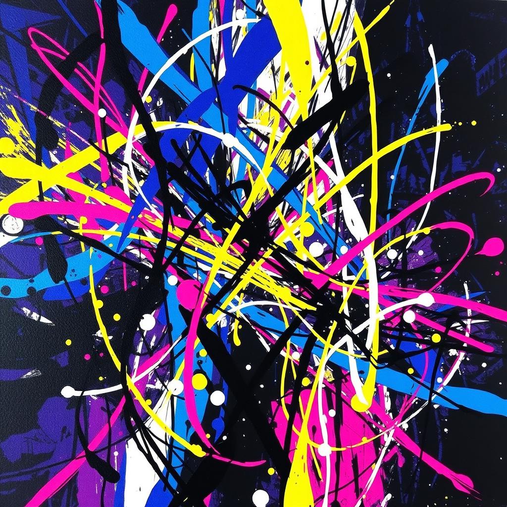 A captivating abstract artwork featuring a blend of colorful dark and bright scribbles that create a stunning and vibrant composition