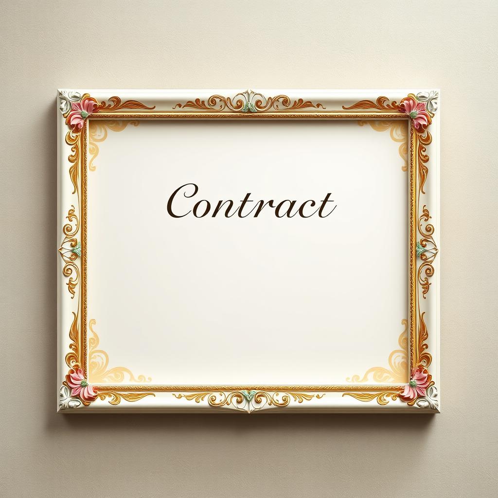 A beautifully designed frame for displaying a contract, featuring elegant floral motifs along the borders