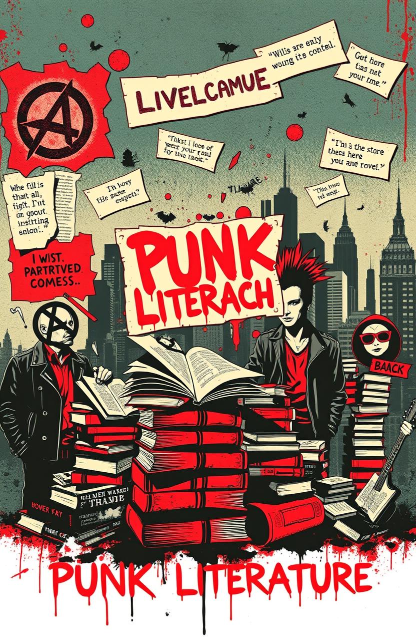 A vibrant and rebellious representation of punk literature, showcasing an array of iconic elements like torn pages from classic novels, graffiti art with powerful phrases, and a gritty urban backdrop of a cityscape