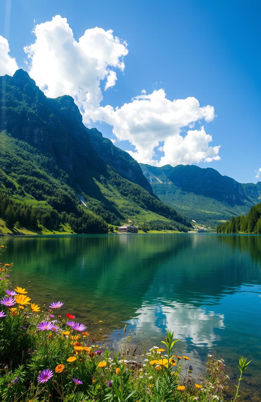 A breathtaking aesthetic landscape featuring a serene lake surrounded by lush green mountains under a bright blue sky with fluffy white clouds