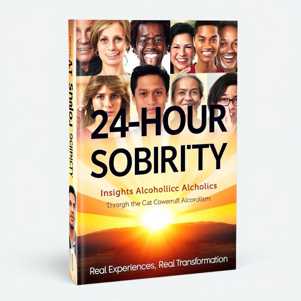 An inspiring book cover design that highlights the journey of overcoming alcoholism in 24 hours, featuring a collage of diverse faces of recovering alcoholics