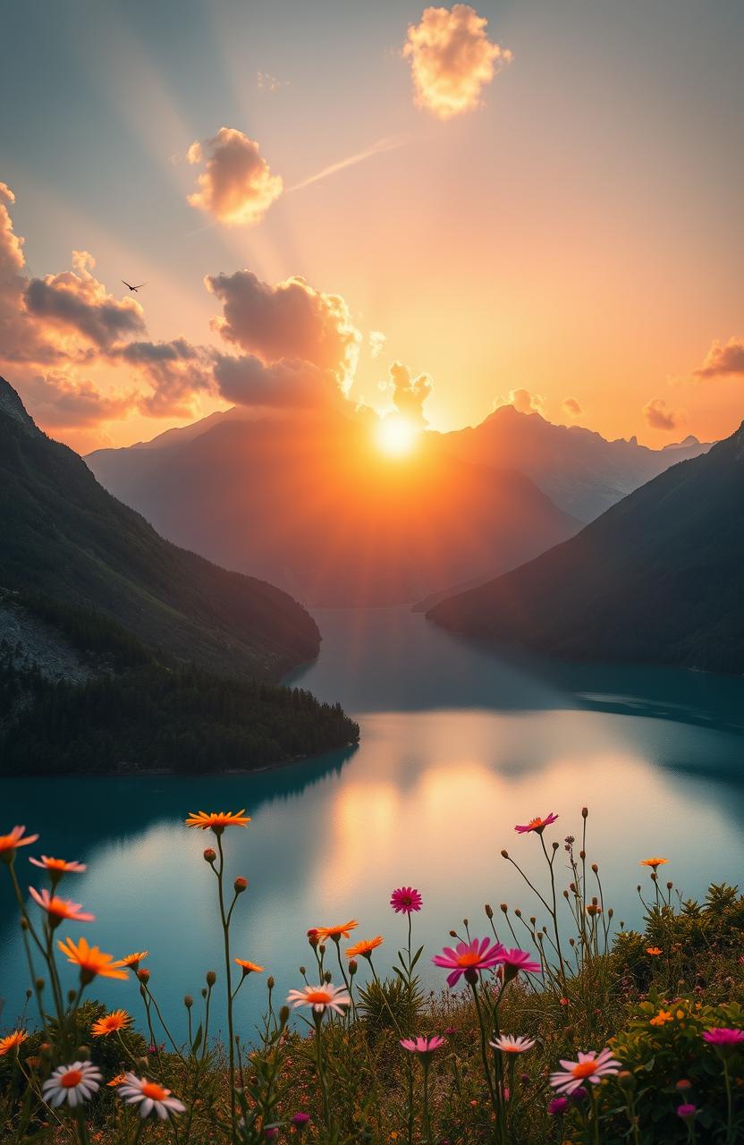 A stunning and aesthetic landscape featuring vibrant colors, lush greenery, and a serene atmosphere