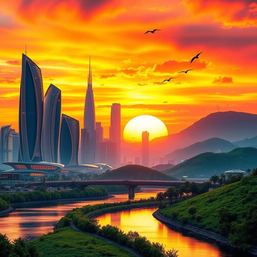 An awe-inspiring and modern landscape featuring a spectacular sunset over a futuristic city skyline
