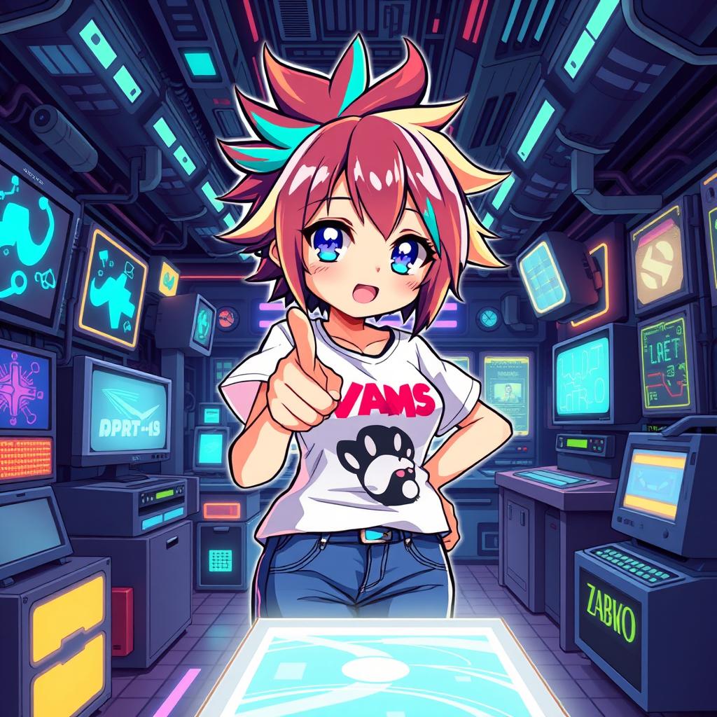 An anime-style girl with colorful, spiky hair and bright, expressive eyes standing confidently while pointing at a glowing screen in front of her