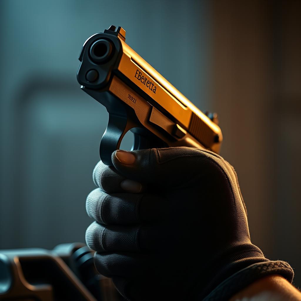 Cinematic Close-Up of a Rugged Hand Holding a Beretta 92 Pistol