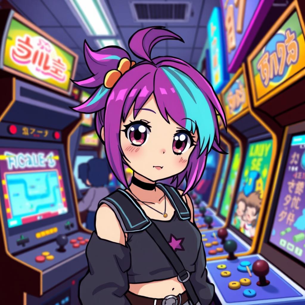 A vibrant pixel art scene of an anime girl in an arcade, surrounded by classic arcade machines